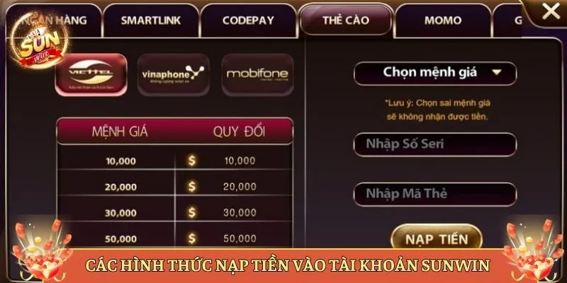 Các Hình Thức Nạp Tiền Vào Tài Khoản Sunwin